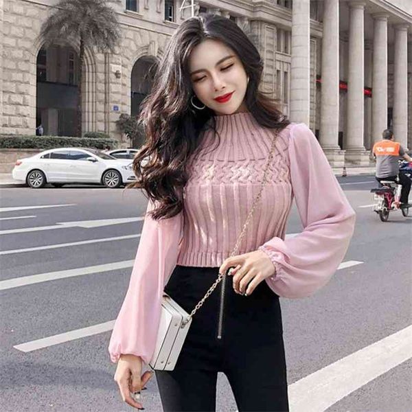 spring and autumn temperament half turtleneck short sweater chiffon lantern long sleeve stitching shirt women 210427, White;black
spring and autumn temperament half turtleneck short sweater chiffon lantern long sleeve stitching shirt women 210427, White;black