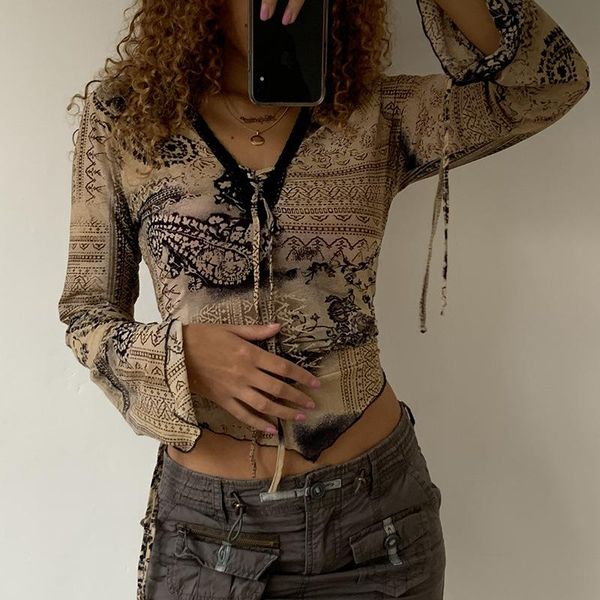 women's t-shirt autumn clothes long sleeve retro abstract print v-neck lace-up long-sleeved elegant slim fit short, White
women's t-shirt autumn clothes long sleeve retro abstract print v-neck lace-up long-sleeved elegant slim fit short, White