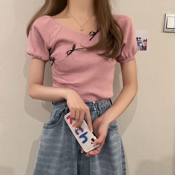 women's t-shirt korean design versatile v-neck bubble sleeve thin knitted tight summer foreign style short, White
women's t-shirt korean design versatile v-neck bubble sleeve thin knitted tight summer foreign style short, White