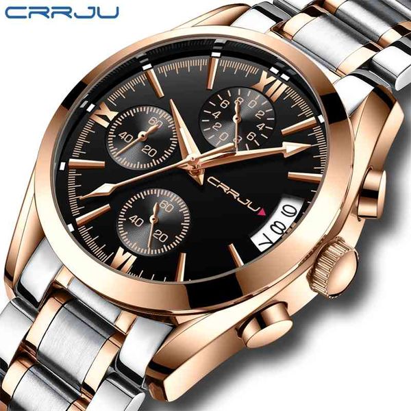 

crrju mens quartz analog watch luxury fashion sport wristwatch waterproof stainless steel male watches clock relogio masculino 210517, Slivery;brown
