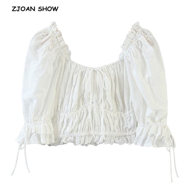 women white embroidery hollow out square collar puff sleeve shirt retro elastic ruched slim short blouse crop summer 210429
women white embroidery hollow out square collar puff sleeve shirt retro elastic ruched slim short blouse crop summer 210429