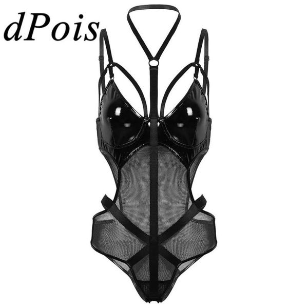 women patent leather one-piece see through sheer mesh splice bodysuits halter neck cut out waist female bodysuit clubwear women's jumps, Black;white
women patent leather one-piece see through sheer mesh splice bodysuits halter neck cut out waist female bodysuit clubwear women's jumps, Black;white