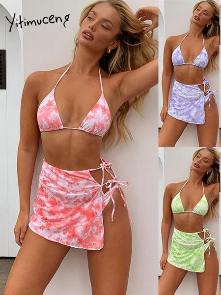 women's swimwear yitimuceng green swimsuit women halter tie dye corset 3 piece set bandage pink brazil bathing suit bikini 2021 summer, White;black
women's swimwear yitimuceng green swimsuit women halter tie dye corset 3 piece set bandage pink brazil bathing suit bikini 2021 summer, White;black