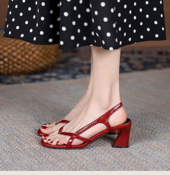 sandals low woman leather low-heeled rome pu slides rubber hoof heels fabric ho, Black