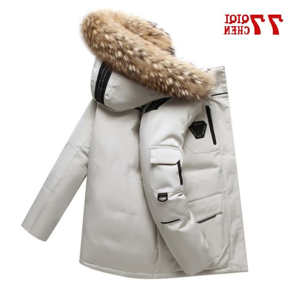 -30 degree thicken warm jacket mens white duck down parka multi-pocket hooded male casual fur collar mid-length coat, Black
-30 degree thicken warm jacket mens white duck down parka multi-pocket hooded male casual fur collar mid-length coat, Black