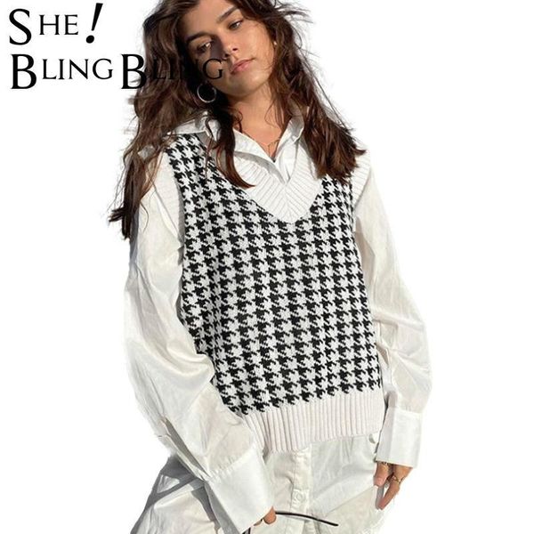 women knitted sweaters casual khaki v neck houndstooth pullovers female autumn winter sleeveless jumpers 210523, White;black
women knitted sweaters casual khaki v neck houndstooth pullovers female autumn winter sleeveless jumpers 210523, White;black