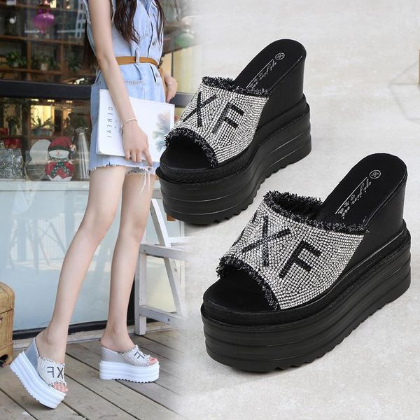 women's shoes summer letter drilling high slope heel out slippers, Black