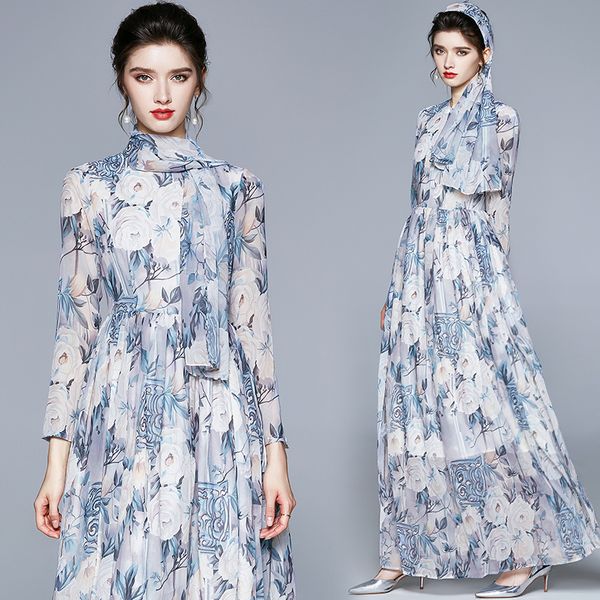 long sleeve beach resort maxi swing dress women 2022 elegant ladies bohemian chiffon printed casual party dresses with scarf designer runway, Black;gray
long sleeve beach resort maxi swing dress women 2022 elegant ladies bohemian chiffon printed casual party dresses with scarf designer runway, Black;gray