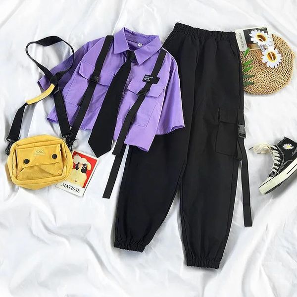 summer streetwear two piece set womens pants high waist straight ribbon cargo female loose short sleeve shirt with 100% cotton, White
summer streetwear two piece set womens pants high waist straight ribbon cargo female loose short sleeve shirt with 100% cotton, White