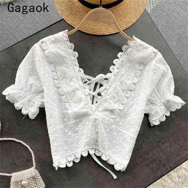 women blouse summer solid v-neck puff sleeve bandage short shirt slim fashion sweet korean chic wild blouses 210531, White
women blouse summer solid v-neck puff sleeve bandage short shirt slim fashion sweet korean chic wild blouses 210531, White