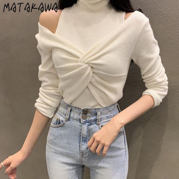 women's t-shirt matakawa hollow out twisted long-sleeved t shirts temperament off-shoulder high-neck solid women, White
women's t-shirt matakawa hollow out twisted long-sleeved t shirts temperament off-shoulder high-neck solid women, White
