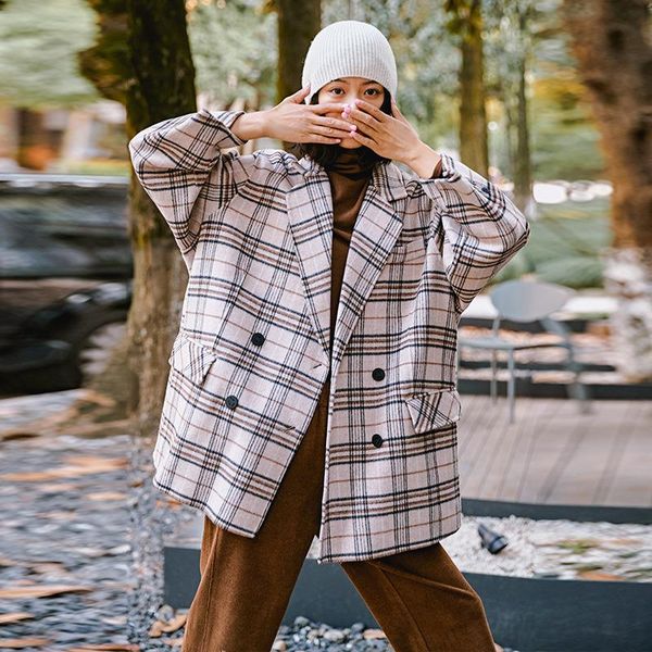 women's wool & blends 2021 winter double breasted plaid coat korean temperament commuting loose double-sided tweed 78088, Black
women's wool & blends 2021 winter double breasted plaid coat korean temperament commuting loose double-sided tweed 78088, Black