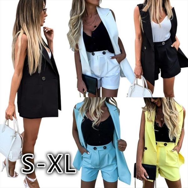 two pieces sets casual suits womenpant solid sleeveless vest blazers jackets and wide leg high waist shorts, White
two pieces sets casual suits womenpant solid sleeveless vest blazers jackets and wide leg high waist shorts, White