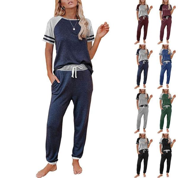 women's t-shirt color matching suit pure short-sleeved two-piece fashionable home, White
women's t-shirt color matching suit pure short-sleeved two-piece fashionable home, White