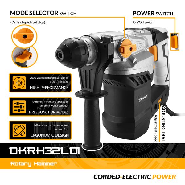 deko dkrh32ld1 2000w 220v multifunctional rotary hammer with bmc and 6pcs accessories electric demolition hammer impact drill
deko dkrh32ld1 2000w 220v multifunctional rotary hammer with bmc and 6pcs accessories electric demolition hammer impact drill