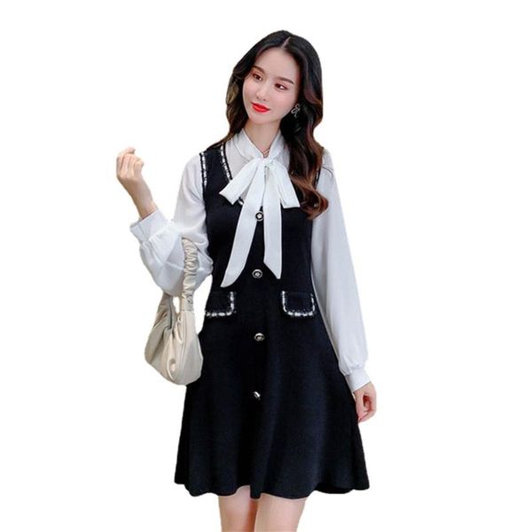 casual dresses small fragrant knitted dress women spring autumn patchwork bow collar chiffon long sleeve a-line robe femme fake 2 piece, Black;gray
casual dresses small fragrant knitted dress women spring autumn patchwork bow collar chiffon long sleeve a-line robe femme fake 2 piece, Black;gray