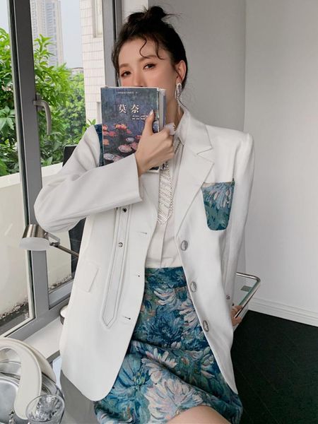 two piece dress autumn female single breasted patchwork loose blazer high waist skirt set fashion, White
two piece dress autumn female single breasted patchwork loose blazer high waist skirt set fashion, White
