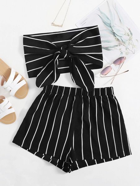 tie front striped tube & shorts set z3yf#, White