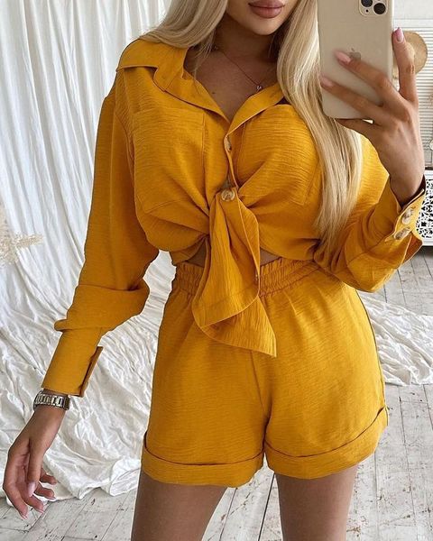 women's tracksuits european american yellow casual solid color shirt shorts suit long sleeve buttoned pocket design & set, Gray
women's tracksuits european american yellow casual solid color shirt shorts suit long sleeve buttoned pocket design & set, Gray