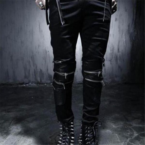 men's jeans pu patchwork multi-pockets hip hop punk men harajuku vintage slim fit gothic style streetwear denim pants, Blue 
men's jeans pu patchwork multi-pockets hip hop punk men harajuku vintage slim fit gothic style streetwear denim pants, Blue