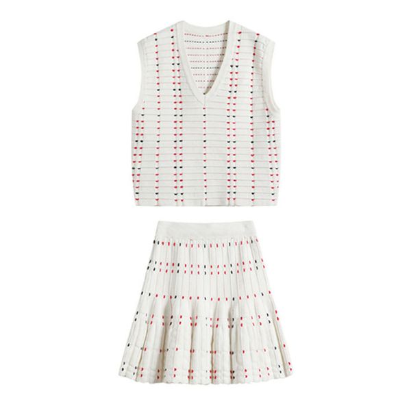 women set knitted v neck two pieces sleeveless tank white polka dot empire mini mermaid skirt t0093 210514
women set knitted v neck two pieces sleeveless tank white polka dot empire mini mermaid skirt t0093 210514