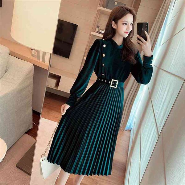 vestido de mujer autumn winter womens dress vintage slim o neck long sleeve black velvet pleated women belt elegant robe, Black;gray
vestido de mujer autumn winter womens dress vintage slim o neck long sleeve black velvet pleated women belt elegant robe, Black;gray