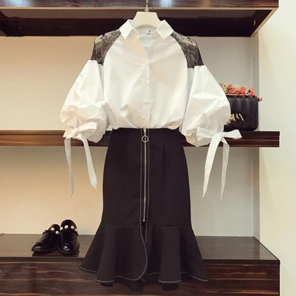 2 piece set skirt suit summer fashion women 's lace patchwork batwing sleeve shirt blouse & black high waist fishtail skirt 210525, White
2 piece set skirt suit summer fashion women 's lace patchwork batwing sleeve shirt blouse & black high waist fishtail skirt 210525, White