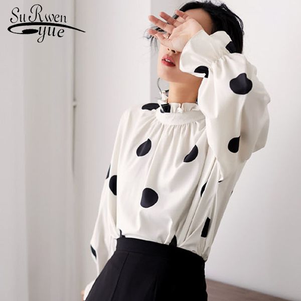 spring long sleeve polka dot pullover chiffon women's blouse casual ruffled collar women blouses camisas mujer 5266 50 210508, White 
spring long sleeve polka dot pullover chiffon women's blouse casual ruffled collar women blouses camisas mujer 5266 50 210508, White