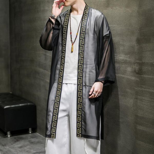men's casual shirts loose long sleeve china style chiffon cape cardigan shirt coat male summer oversize sun protection clothing, White;black
men's casual shirts loose long sleeve china style chiffon cape cardigan shirt coat male summer oversize sun protection clothing, White;black