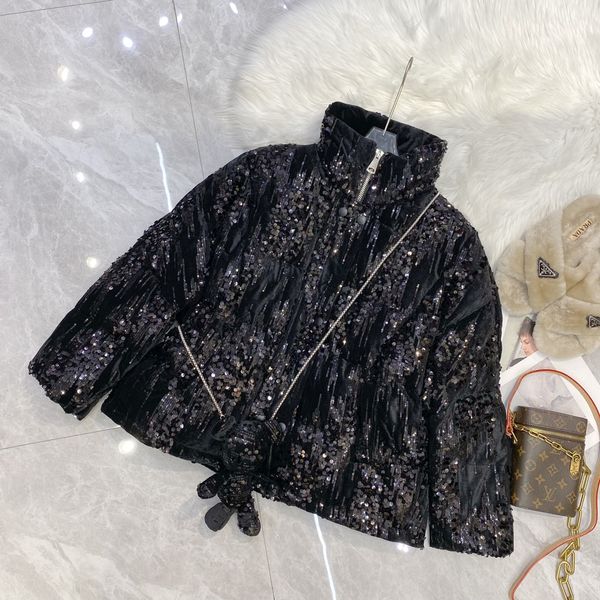 sequin embroidered short down jacket, Black