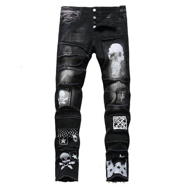 men's jeans black skull stars printed jeans streetwear buttons fly patchwork slim stretch denim fringe pants ixfn, Blue
men's jeans black skull stars printed jeans streetwear buttons fly patchwork slim stretch denim fringe pants ixfn, Blue