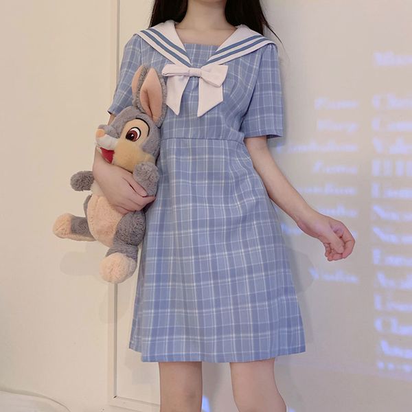 sailor collar women vintage plaid mini dress summer sweet dresses preppy style short sleeve vestidos 210517, Black;gray
sailor collar women vintage plaid mini dress summer sweet dresses preppy style short sleeve vestidos 210517, Black;gray