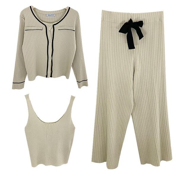 spring and autumn three-piece single short steam shirt single-buckle long-sleeved knit cardigan jacket high waist wide leg pants women', White
spring and autumn three-piece single short steam shirt single-buckle long-sleeved knit cardigan jacket high waist wide leg pants women', White