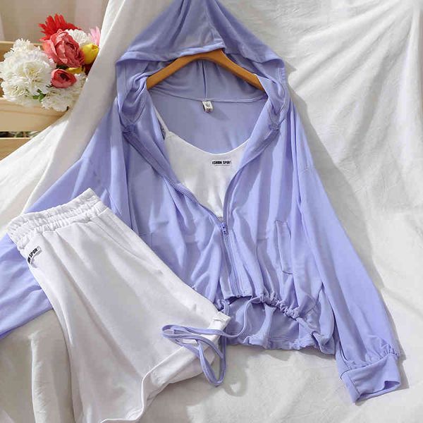 fashion suit sunscreen cardigan jacket sports camisole high waist wide leg shorts three-piece female 210525, White
fashion suit sunscreen cardigan jacket sports camisole high waist wide leg shorts three-piece female 210525, White