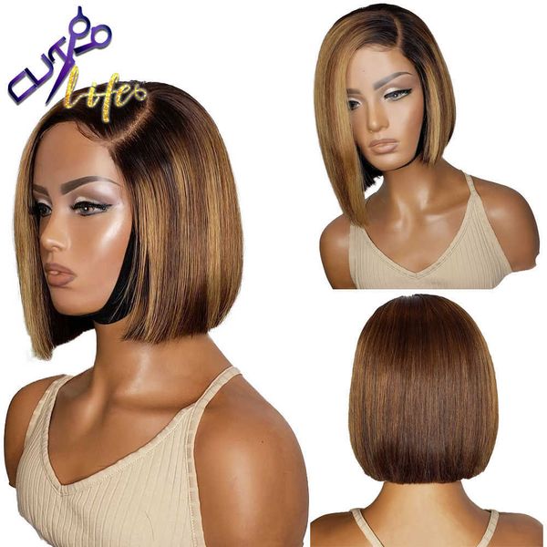 

Color Short Highlight Cut Wavy Bob Pixie 4x4 Closure Peruvian Human Hair Wigs Straight Pre Plucked Lace Front Wig S0826, Ombre color