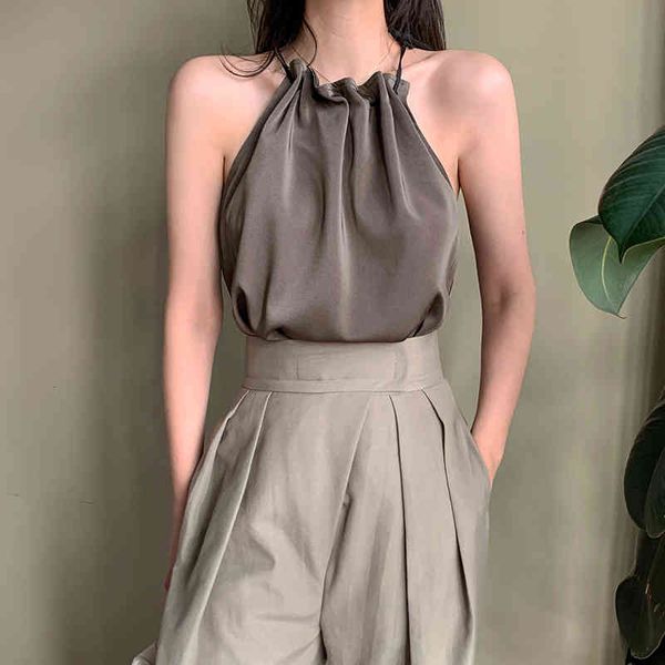 women t summer niche design halter off the shoulder sleeveless thin shirt female streetwear, White
women t summer niche design halter off the shoulder sleeveless thin shirt female streetwear, White