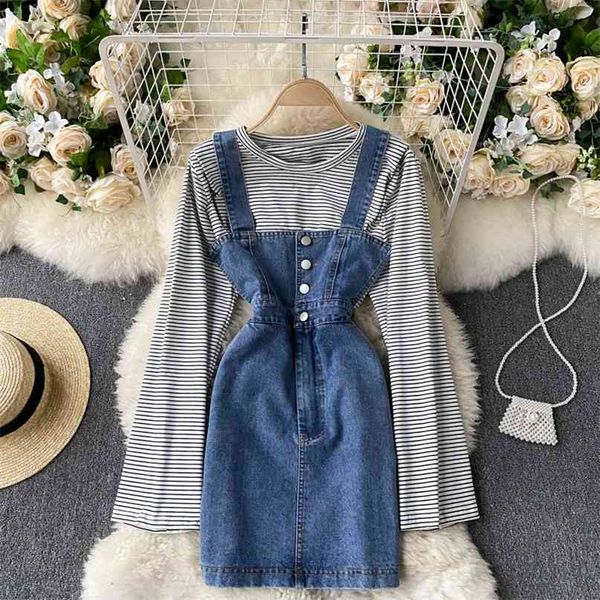 women's 2 piece set striped print long flare sleeve short t-shirt and denim suspender mini pencil dress female clothes 210603, White
women's 2 piece set striped print long flare sleeve short t-shirt and denim suspender mini pencil dress female clothes 210603, White