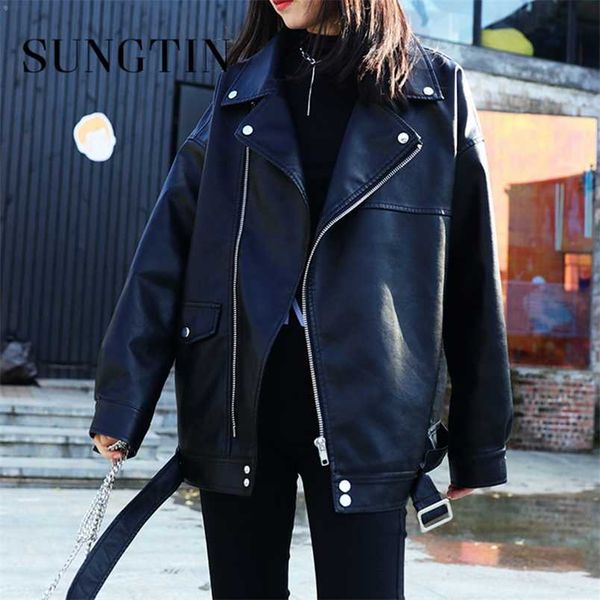 sungtin korean faux leather jacket women belt oversize bf style punk pu women's streetwear high street biker coat 211215, Black
sungtin korean faux leather jacket women belt oversize bf style punk pu women's streetwear high street biker coat 211215, Black