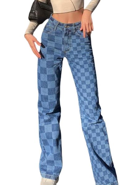 women's jeans women plaid pants side pockets high waist loose straight casual party street wide trousers, Blue
women's jeans women plaid pants side pockets high waist loose straight casual party street wide trousers, Blue