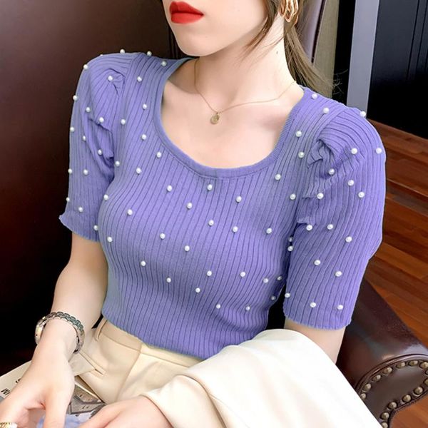 women's t-shirt 2021 korean puff sleeve beaded solid color pullover fashion women knitted shirt, White
women's t-shirt 2021 korean puff sleeve beaded solid color pullover fashion women knitted shirt, White