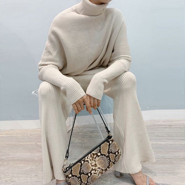 women 2 piece knitted sets turtleneck batwing sleeve irregular sweater set loose casual elastic waist pants tracksuit 210427, White
women 2 piece knitted sets turtleneck batwing sleeve irregular sweater set loose casual elastic waist pants tracksuit 210427, White