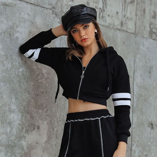 womens leisure double stripes long sleeve black zipper slim pullover hoodie, White
womens leisure double stripes long sleeve black zipper slim pullover hoodie, White