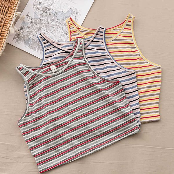 colorful striped o-neck women summer crop sleeveless lady tank m30244 210526, White