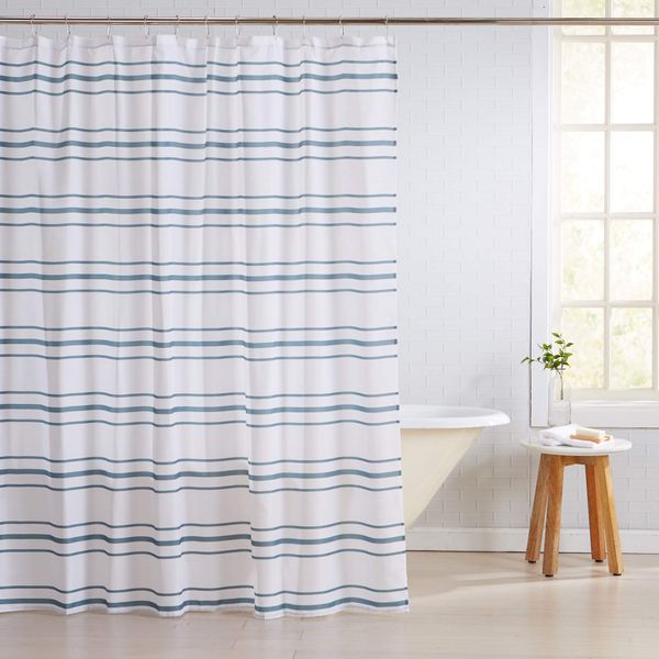fabric shower curtain with 12 roller hooks. mold and mildew resistant. elsie collection. 72-inch, tri stripe - blue
fabric shower curtain with 12 roller hooks. mold and mildew resistant. elsie collection. 72-inch, tri stripe - blue