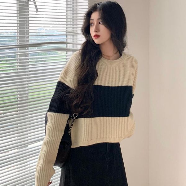 women's sweaters 2021 autumn ladies women korean short fashion color matching round neck pullover for female, White;black
women's sweaters 2021 autumn ladies women korean short fashion color matching round neck pullover for female, White;black