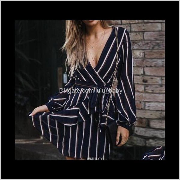dresses clothing apparel drop delivery 2021 arrival womens fashion lantern sleeve striped v-neck summer casual ruffle mini party dress a8s0y, Black;gray