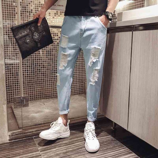 men's jeans wholesale beggar ripped hole denim jeans men's loose korean style trendy brand small feet casual pants autumn thin 06s, Blue
men's jeans wholesale beggar ripped hole denim jeans men's loose korean style trendy brand small feet casual pants autumn thin 06s, Blue