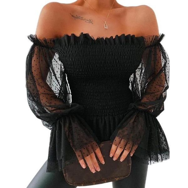 women's blouses & shirts women polka dot mesh see through flare sleeve blouse elegant party off shoulder ruffles clubwear female blusa, White
women's blouses & shirts women polka dot mesh see through flare sleeve blouse elegant party off shoulder ruffles clubwear female blusa, White