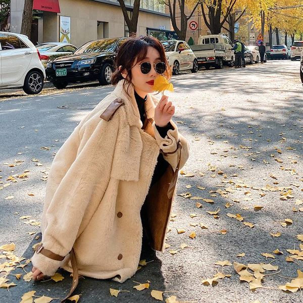 women's fur & faux long sleeved loose belt warm jacket lamb wool winter thickened locomotive lapel female coat beige chic, Black
women's fur & faux long sleeved loose belt warm jacket lamb wool winter thickened locomotive lapel female coat beige chic, Black