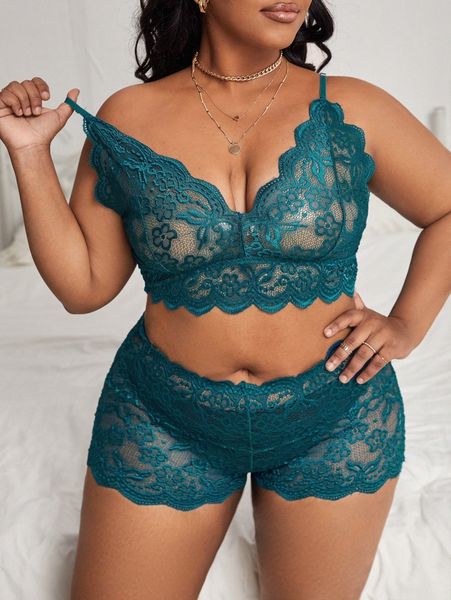plus floral lace scallop trim lingerie set w8z2#, Black;white